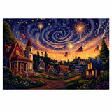 Whimsical 4th of July Village with Fireworks, American Flags, and Glowing Cottages Under a Swirling Starry Sky, Festive Celebration of Patriotism and Magic on Ready to Hang 1.5" Thick Canvas Wrap, Floating Framed Canvas, Flat Rolled Canvas