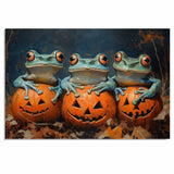 Halloween Wall Art Featuring Three Frogs with Carved Pumpkins Fun Retro-Style Frog Painting for Spooky Fall Home Décor and Unique Seasonal Animal Lovers on Ready to Hang 1.5" Thick Canvas Wrap, Floating Framed Canvas, Flat Rolled Canvas