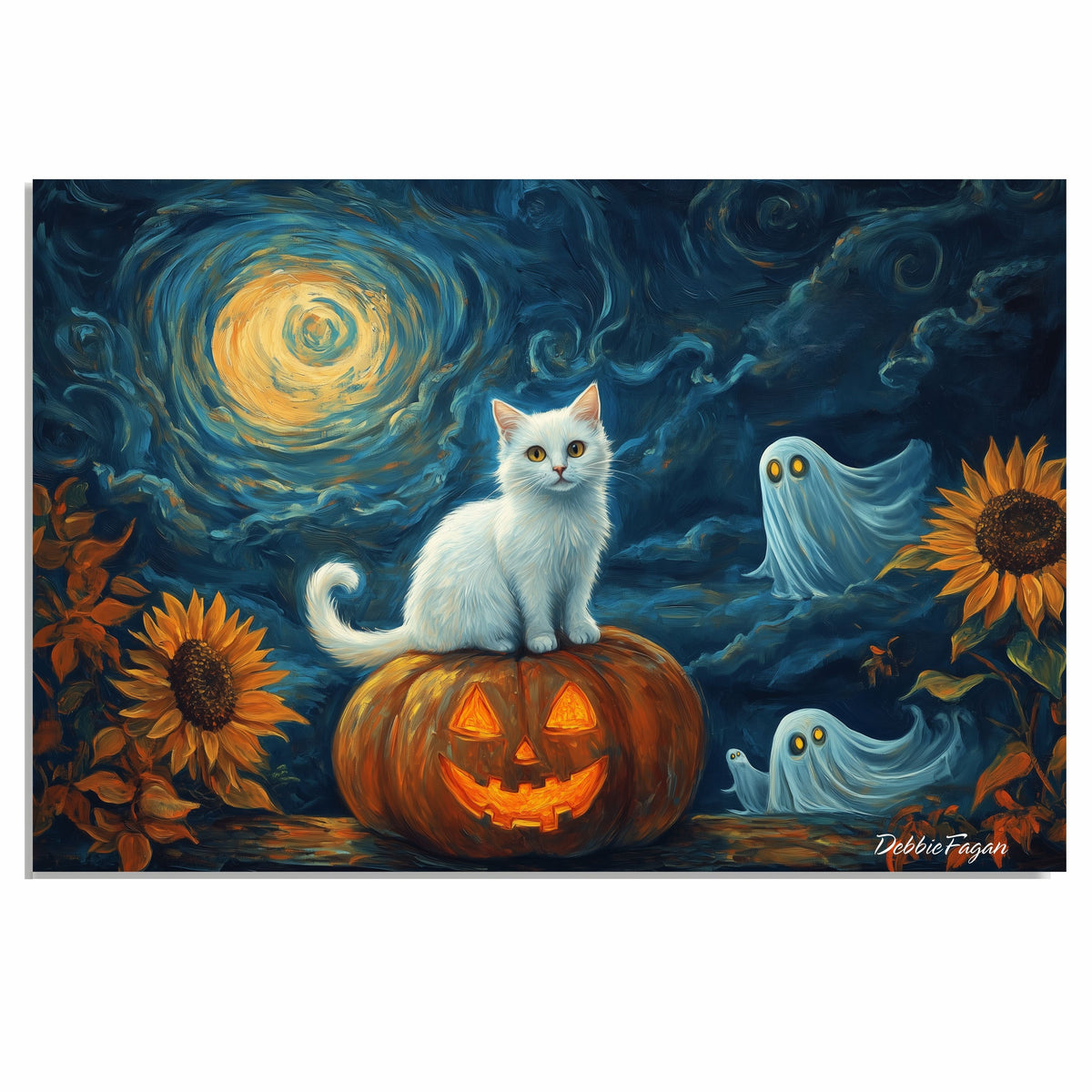 Whimsical Halloween Night with White Cat on Jack-o’-Lantern, Sunflowers, Glowing Ghosts, and a Starry Swirled Sky on Ready to Hang 1.5" Thick Canvas Wrap, Floating Framed Canvas, Flat Rolled Canvas