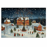 Christmas Folk Art Scene with Snowy Village, Lit Windows, Decorated Trees, and Families Celebrating Under Snowfall on Ready to Hang 1.5" Thick Canvas Wrap, Floating Framed Canvas, Flat Rolled Canvas