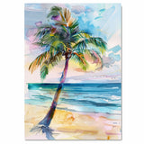 Watercolor Painting of a Palm Tree on a Tropical Beach with Sunset Sky and Ocean in Soft Multicolored Tones on Ready to Hang 1.5" Thick Canvas Wrap, Floating Framed Canvas, Flat Rolled Canvas