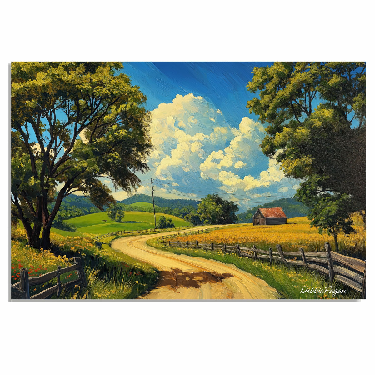 Winding Country Road with Barn and Fields Under Blue Sky – Sunny Summer Folk Art Landscape Print on Ready to Hang 1.5" Thick Canvas Wrap, Floating Framed Canvas, Flat Rolled Canvas