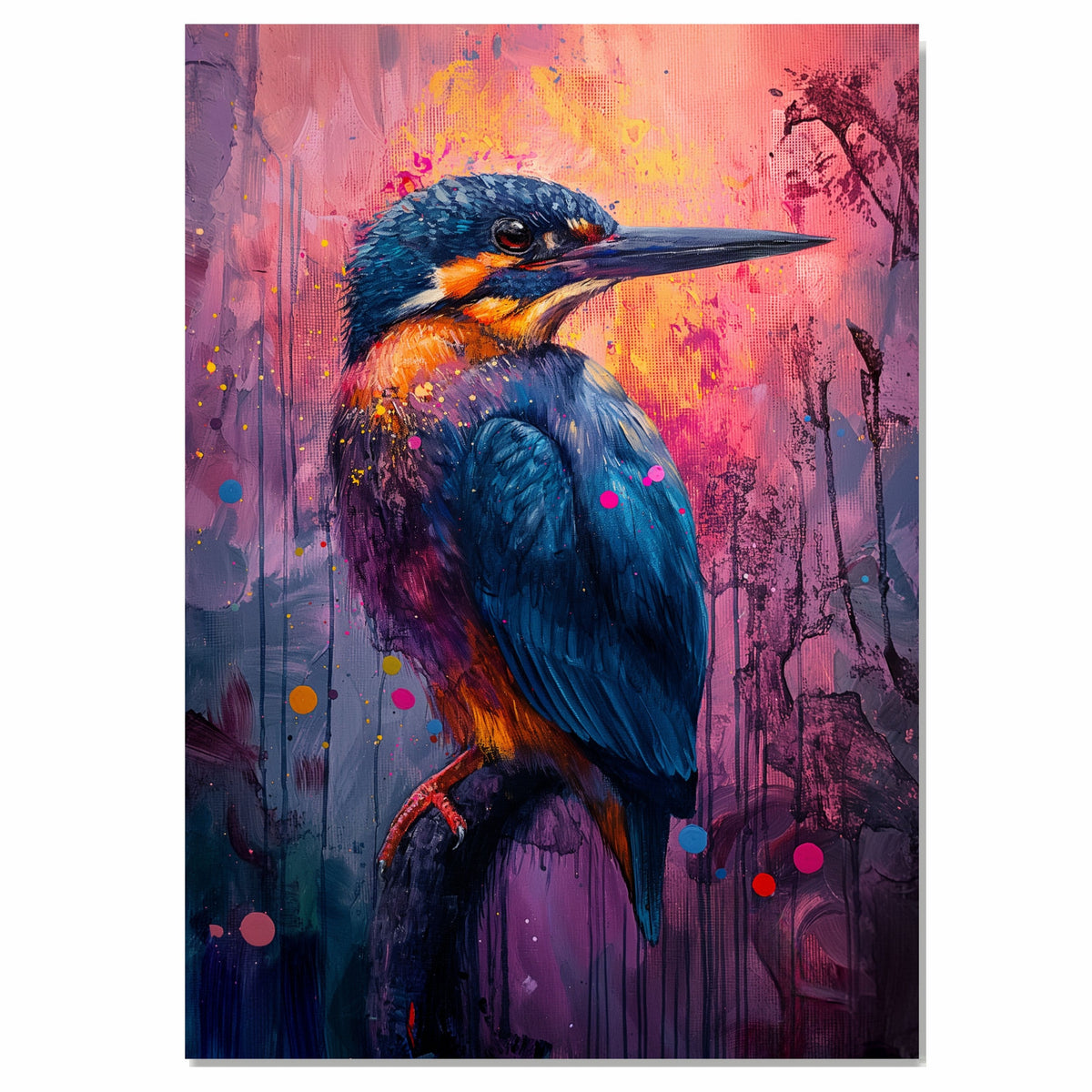 Blue and Orange Kingfisher Style Bird with Vibrant Abstract Pink and Purple Background on Ready to Hang 1.5" Thick Canvas Wrap, Floating Framed Canvas, Flat Rolled Canvas