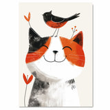 Playful Calico Cat Smiling with a Cute Red and Black Bird on Its Head in Minimalist Illustration Style on Ready to Hang 1.5" Thick Canvas Wrap, Floating Framed Canvas, Flat Rolled Canvas
