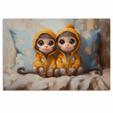 Delightful Painting of Two Monkeys in Yellow Hooded Jackets Sitting Side by Side with Big Eyes and Happy Expressions on a Soft Bed with Blue Pillows on Ready to Hang 1.5" Thick Canvas Wrap, Floating Framed Canvas, Flat Rolled Canvas
