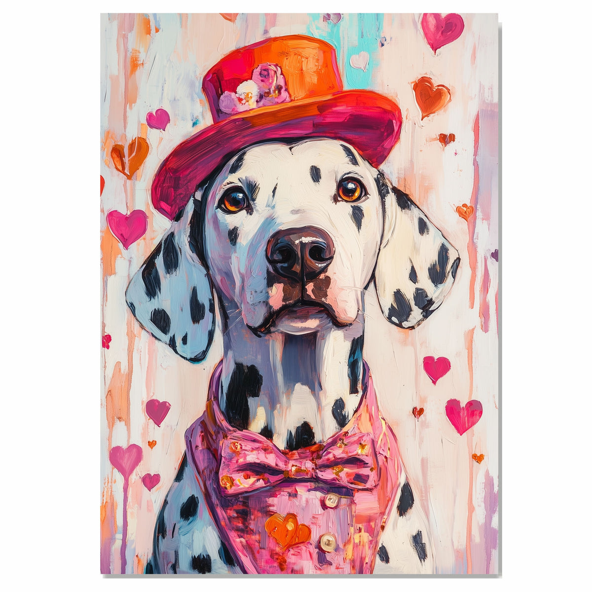 Sweet Love: Dalmatian in a Pink Heart-Adorned Dress and Hat Charming Romantic Painting on Ready to Hang 1.5" Thick Canvas Wrap, Floating Framed Canvas, Flat Rolled Canvas