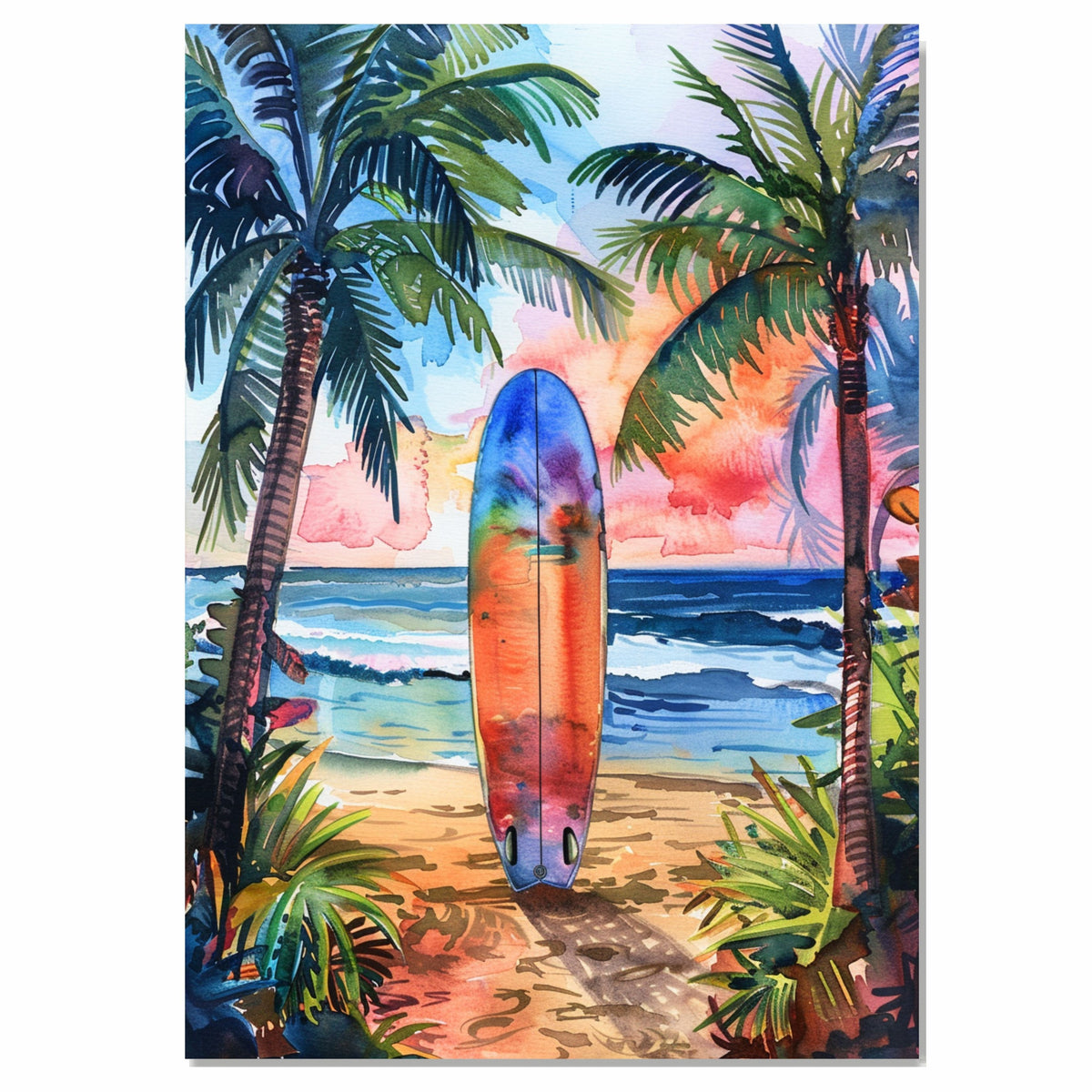 Watercolor Painting of Multicolored Surfboard on Beach Path with Sunset and Palm Trees on Ready to Hang 1.5" Thick Canvas Wrap, Floating Framed Canvas, Flat Rolled Canvas