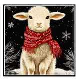 Lamb with Red Scarf Sitting in Winter Snow, Christmas Holiday Painting on 1.5" Thick Canvas Wrap, Floating Framed Canvas, Flat Rolled Canvas, Oversized Stretched Canvas Wall Art