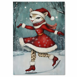 Whimsical Christmas Wall Art Featuring Elegant Cougar in Red Dress Ice Skating Through Snowy Forest – Holiday Decor for Animal Lovers and Winter Magic Fans on Ready to Hang 1.5" Thick Canvas Wrap, Floating Framed Canvas, Flat Rolled Canvas