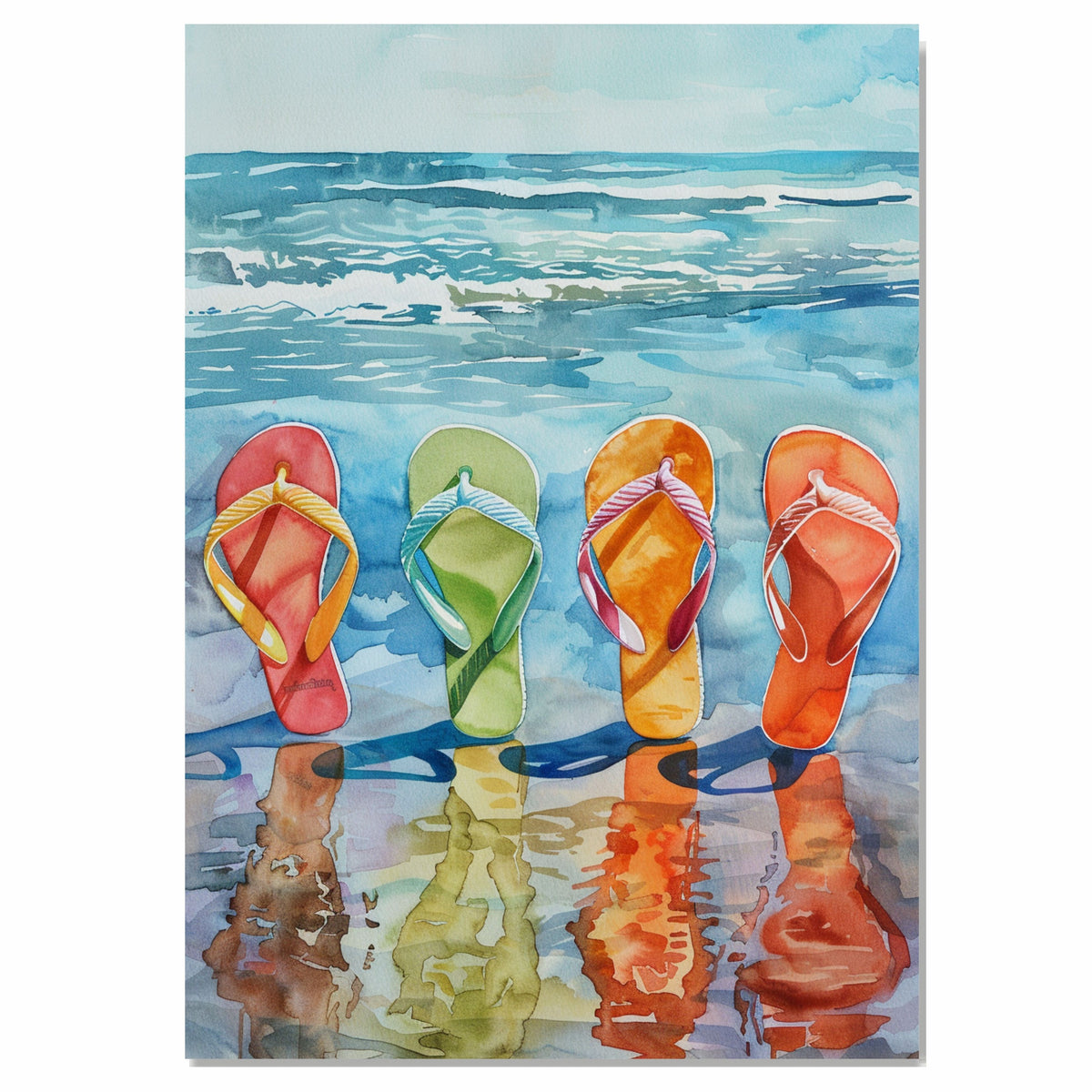 Vibrant Flip Flops on Wet Sand with Ocean Waves and Reflections in Watercolor Summer Beach Painting Illustration on Ready to Hang 1.5" Thick Canvas Wrap, Floating Framed Canvas, Flat Rolled Canvas