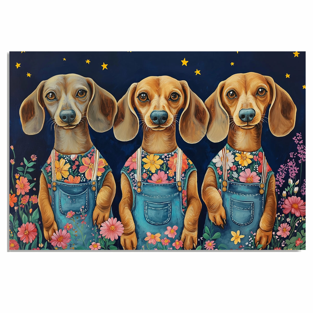 Three Adorable Dachshund Dogs in Floral Overalls Under a Starry Sky Fun and Whimsical Dog Artwork for Living Room Nursery or Pet Lover Gift Decor on Ready to Hang 1.5" Thick Canvas Wrap, Floating Framed Canvas, Flat Rolled Canvas