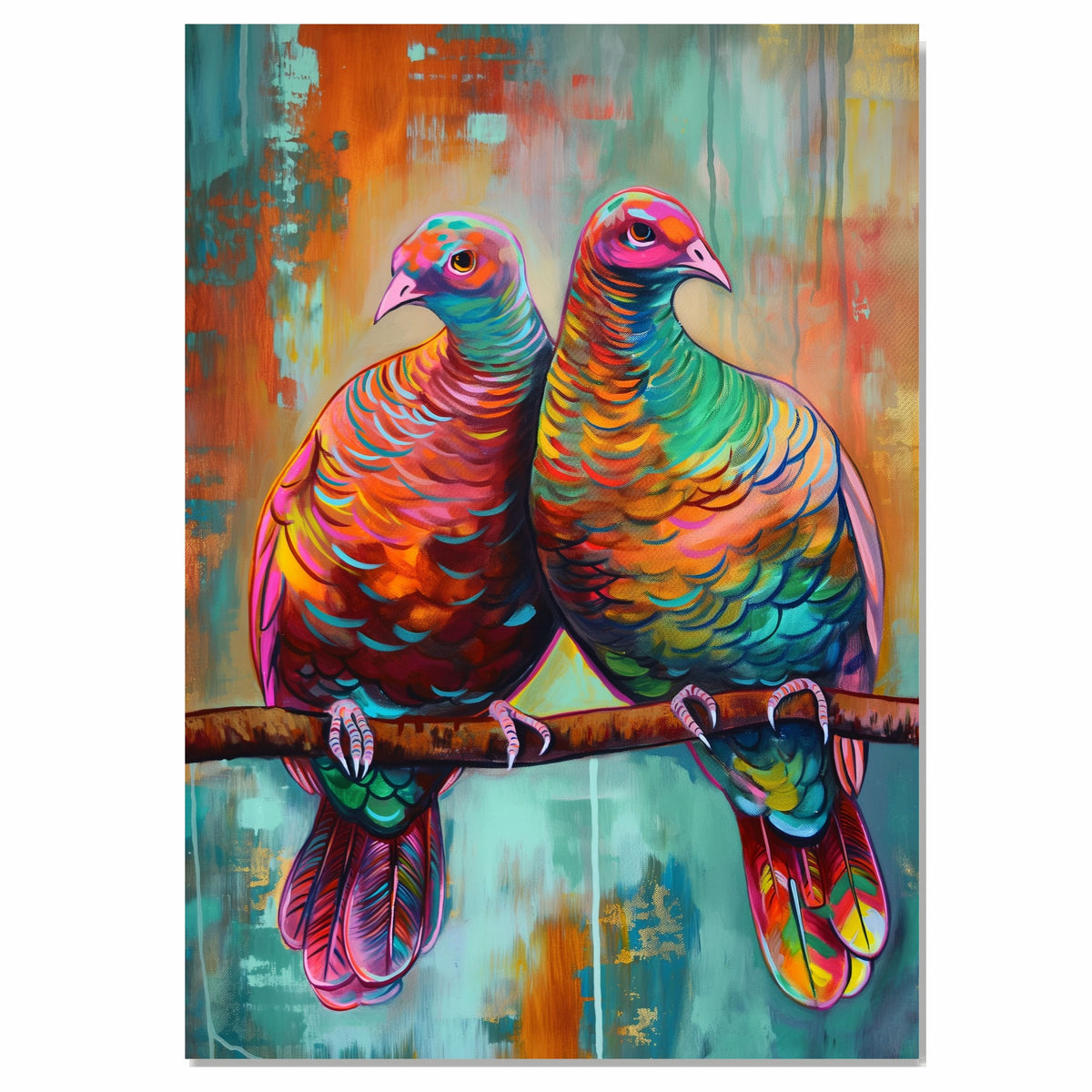 Vibrant Pair of Colorful Birds on Branch with Iridescent Feathers in Abstract Artistic Background Perfect for Nature Lovers and Bold Wildlife Art Enthusiasts on Ready to Hang 1.5" Thick Canvas Wrap, Floating Framed Canvas, Flat Rolled Canvas
