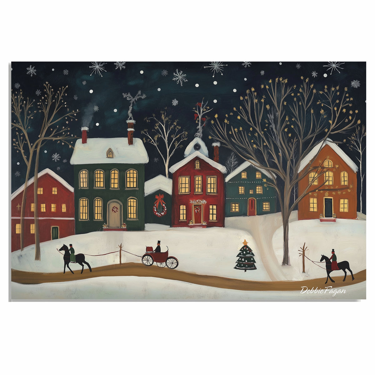 Vintage Christmas Folk Art Scene with Horse-Drawn Sleigh, Snowy Village Homes, Lit Windows, and Falling Snowflakes on Ready to Hang 1.5" Thick Canvas Wrap, Floating Framed Canvas, Flat Rolled Canvas