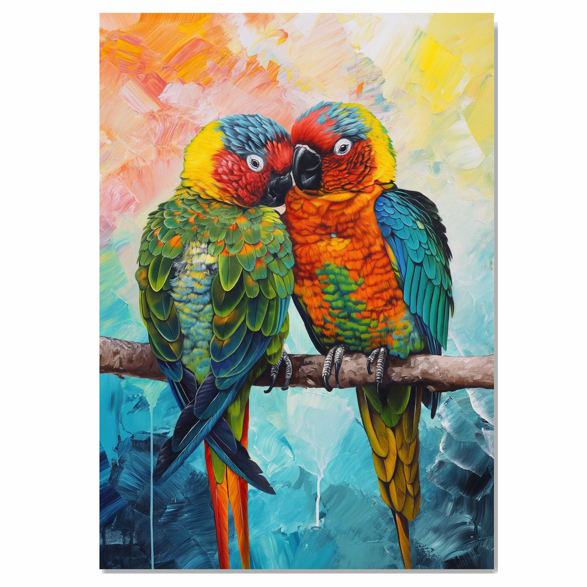 Colorful Parrot Pair Artwork Featuring Tropical Birds with Vibrant Feathers in Red Blue Green and Yellow Sitting Close Together on a Branch with Bold Abstract Backdrop on Ready to Hang 1.5" Thick Canvas Wrap, Floating Framed Canvas, Flat Rolled Canvas