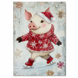 Whimsical Christmas Pig Ice Skating – Red Snowflake Sweater Holiday Animal Art Print, Festive Nursery Decor or Winter Farmhouse Gift on Ready to Hang 1.5" Thick Canvas Wrap, Floating Framed Canvas, Flat Rolled Canvas
