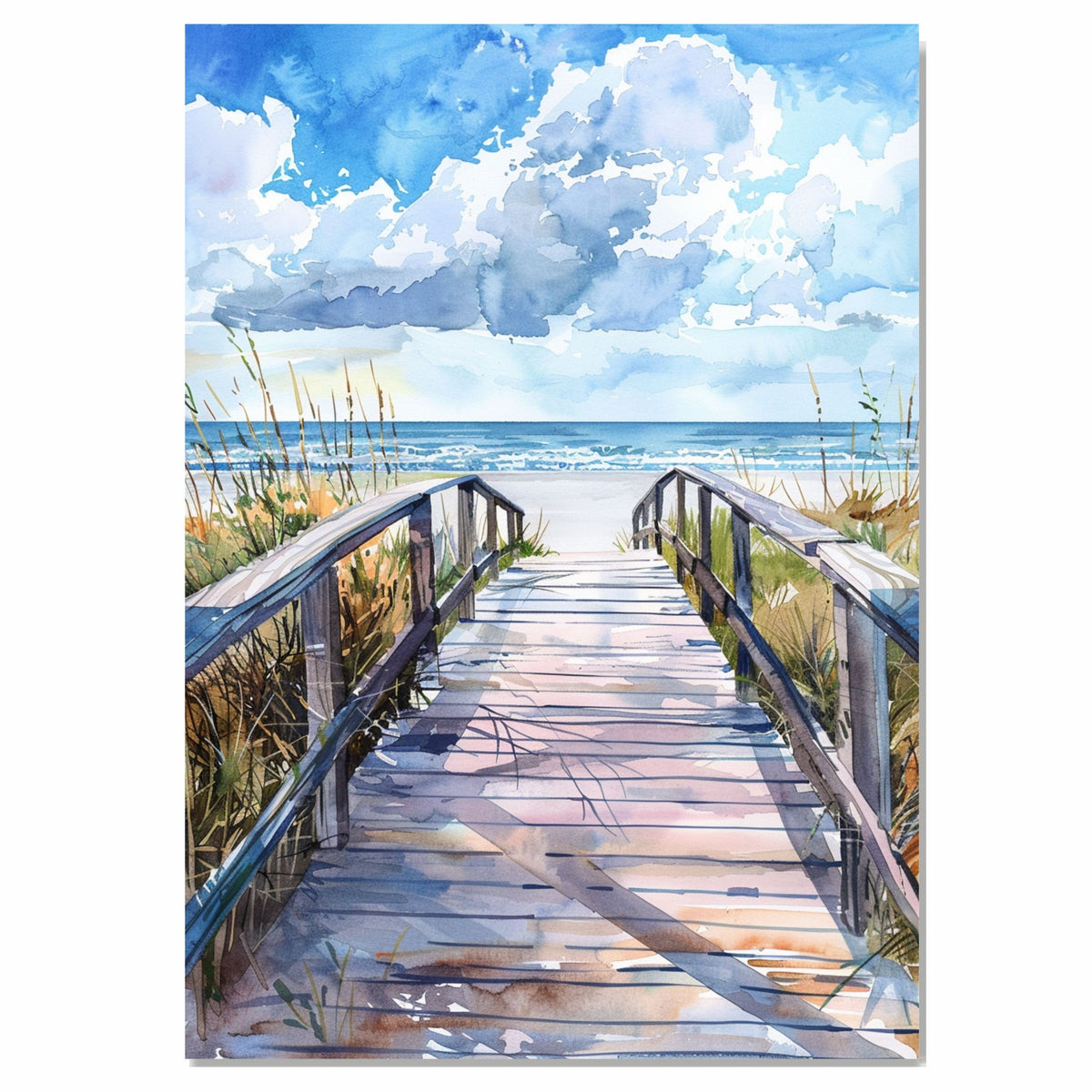 Sunny Coastal Boardwalk Watercolor Painting – Path to the Beach with Ocean Horizon and Sea Grass Accents on Ready to Hang 1.5" Thick Canvas Wrap, Floating Framed Canvas, Flat Rolled Canvas