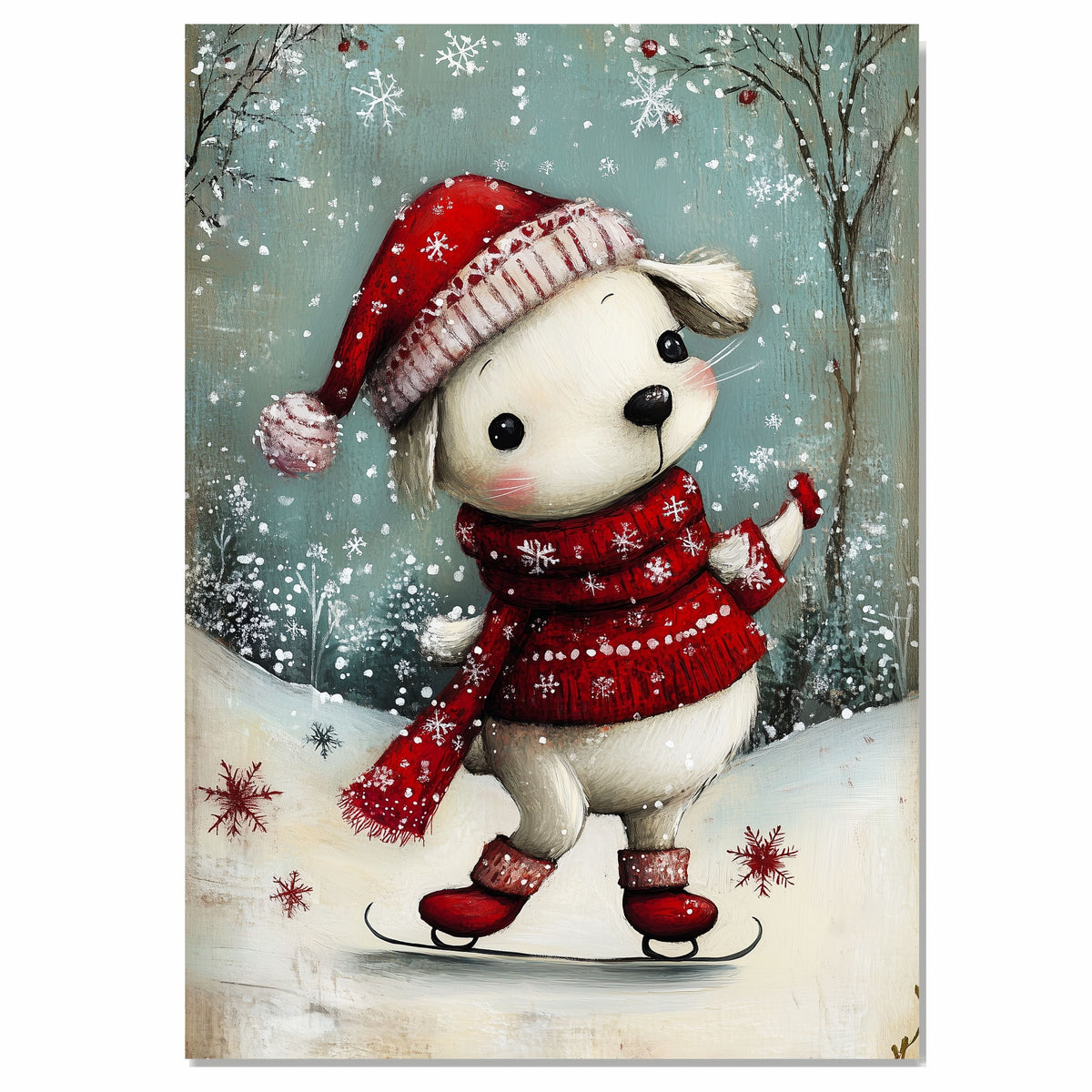 Whimsical Christmas Dog Ice Skating in Red Hat and Scarf Winter Art Print or Canvas for Festive Holiday Decor on Ready to Hang 1.5" Thick Canvas Wrap, Floating Framed Canvas, Flat Rolled Canvas