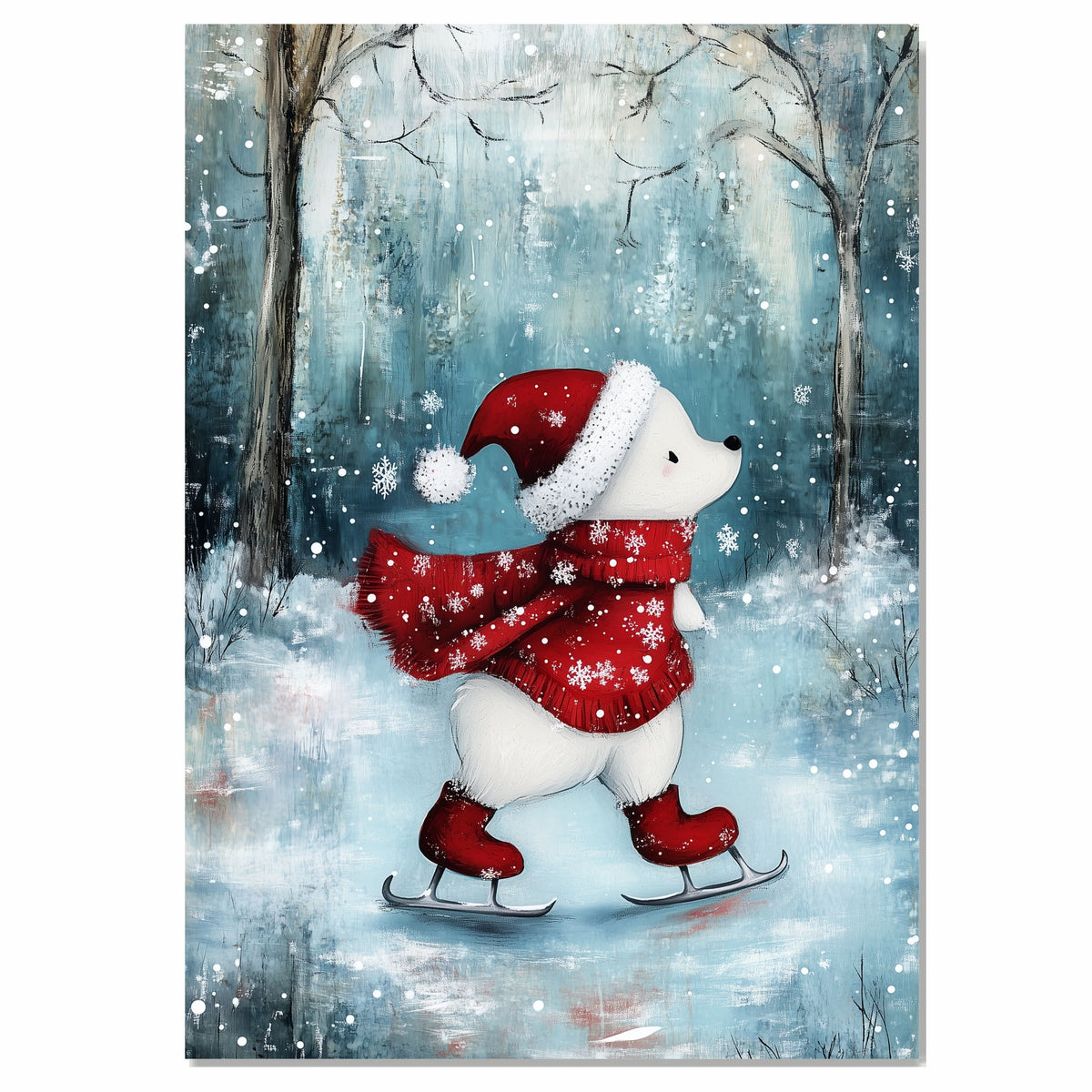 Whimsical Christmas Dog Ice Skating in Red Scarf and Santa Hat Canvas or Winter Wall Art Print on Ready to Hang 1.5" Thick Canvas Wrap, Floating Framed Canvas, Flat Rolled Canvas
