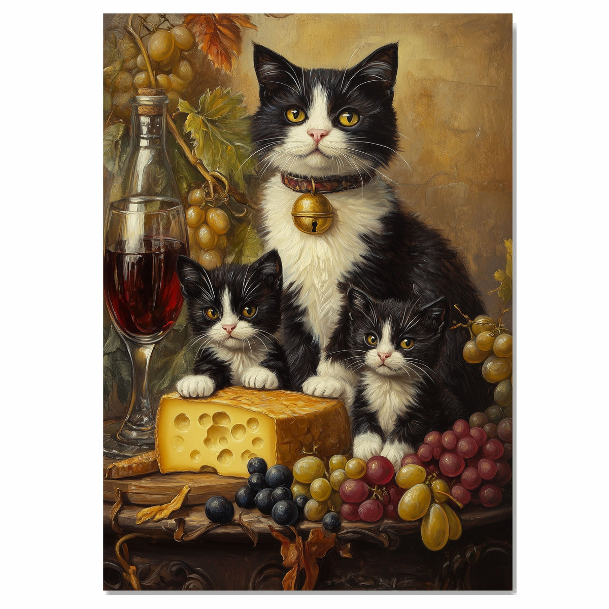 Wine & Whiskers: Tuxedo Mom and Kittens Enjoying Grapes and Cheese on Ready to Hang 1.5" Thick Canvas Wrap, Floating Framed Canvas, Flat Rolled Canvas