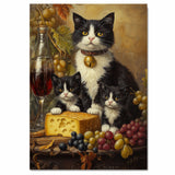 Wine & Whiskers: Tuxedo Mom and Kittens Enjoying Grapes and Cheese on Ready to Hang 1.5" Thick Canvas Wrap, Floating Framed Canvas, Flat Rolled Canvas