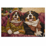 Christmas Canvas  - ÒBernese EleganceÓ - Sophisticated Bernese Mountain Dogs Lounging on a Vintage Red Ornate Sofa on Ready to Hang 1.5" Thick Canvas Wrap, Floating Framed Canvas, Flat Rolled Canvas