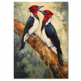 Pair of Red Headed Black and White Birds Perched on Tree Branch in Detailed Nature Painting Showcasing Wildlife Beauty and Woodland Charm on Ready to Hang 1.5" Thick Canvas Wrap, Floating Framed Canvas, Flat Rolled Canvas