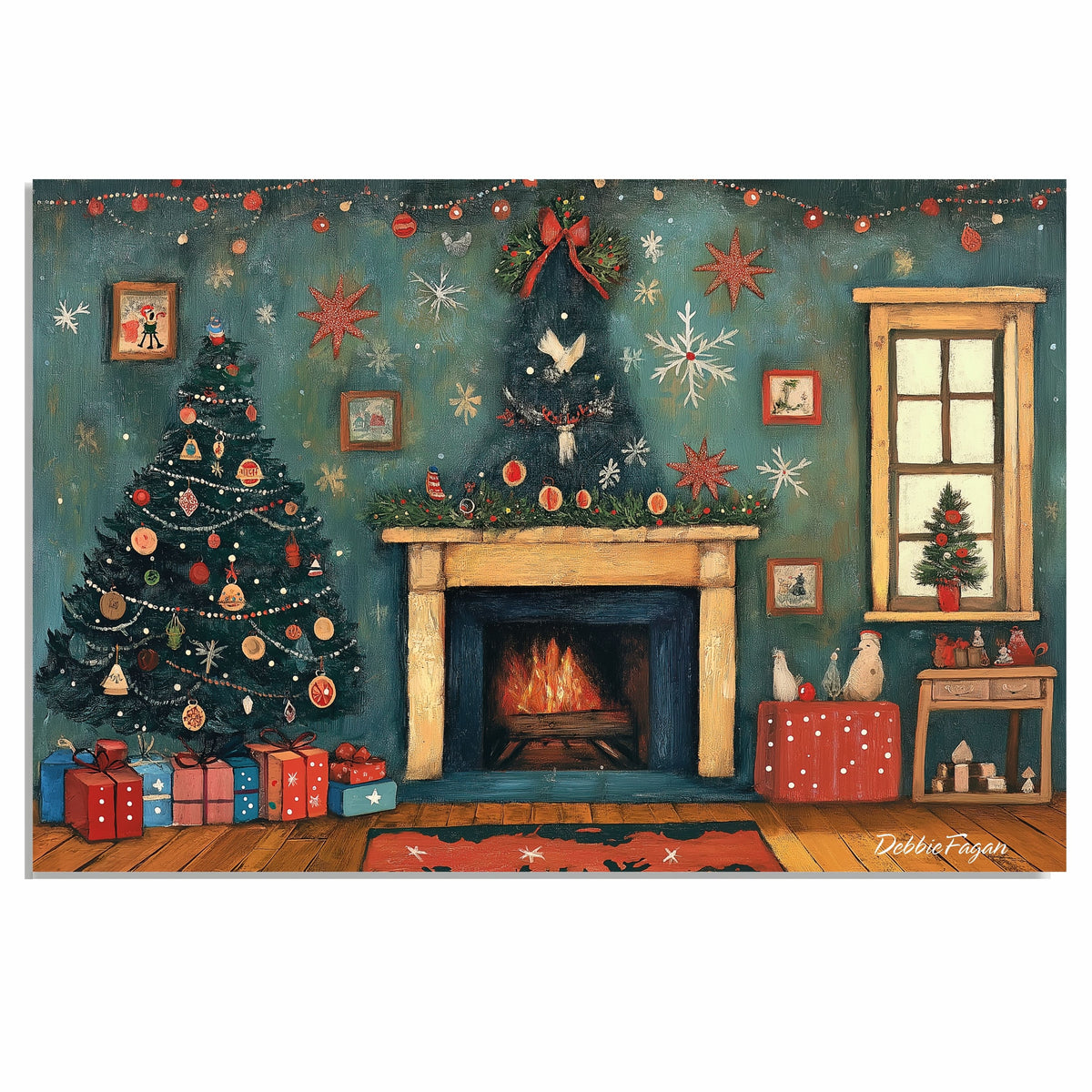 Warm Winter Wishes – Festive Living Room with Fireplace & Tree on Ready to Hang 1.5" Thick Canvas Wrap, Floating Framed Canvas, Flat Rolled Canvas