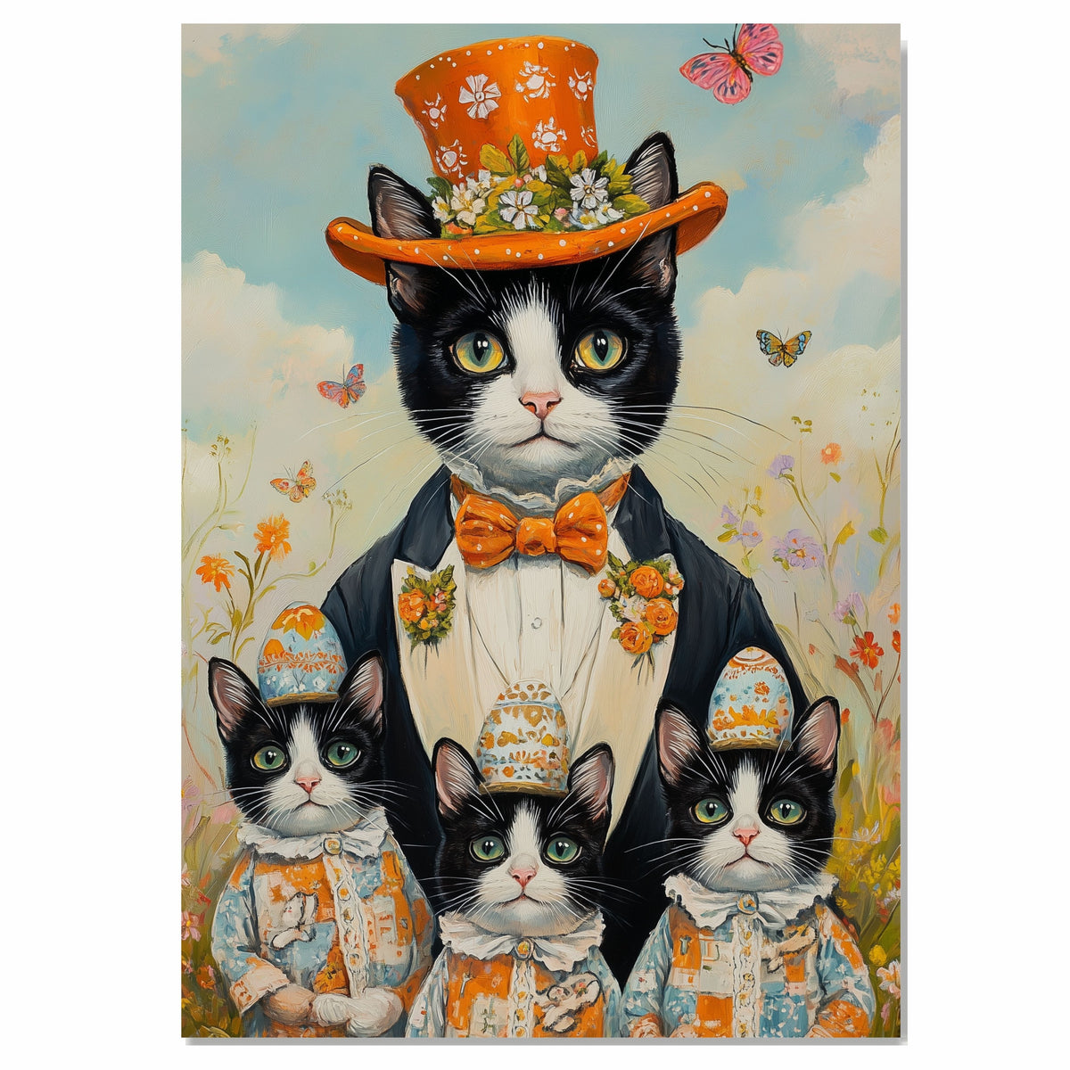 Whimsical Easter Charm: Tuxedo Cat Mom and Three Kittens in Festive Egg Hats on Ready to Hang 1.5" Thick Canvas Wrap, Floating Framed Canvas, Flat Rolled Canvas