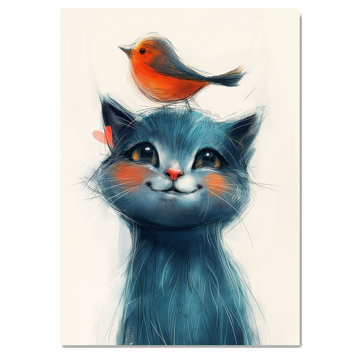 Charming Blue Cat with Orange Bird on Head Whimsical Animal Artwork for Nursery Kids Room and Pet Lovers Perfect Gift for Cat and Bird Enthusiasts on Ready to Hang 1.5" Thick Canvas Wrap, Floating Framed Canvas, Flat Rolled Canvas