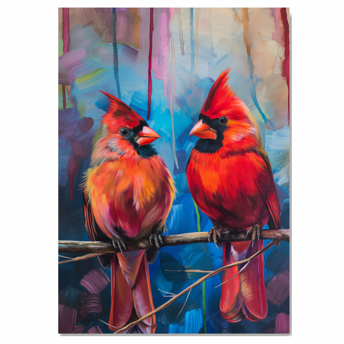 Two Red Cardinals on a Branch – Romantic Bird Painting in Soft Pastel and Rich Color Tones for Peaceful and Elegant Nature Scenes on Ready to Hang 1.5" Thick Canvas Wrap, Floating Framed Canvas, Flat Rolled Canvas