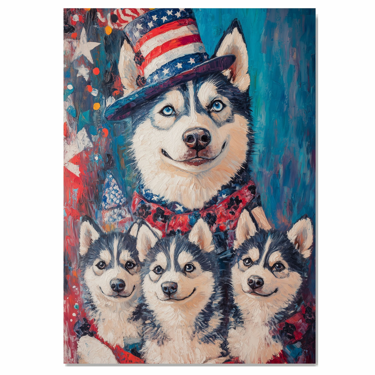 Patriotic Pups: Siberian Husky with Adorable Puppies Dressed in 4th of July Outfits on Ready to Hang 1.5" Thick Canvas Wrap, Floating Framed Canvas, Flat Rolled Canvas
