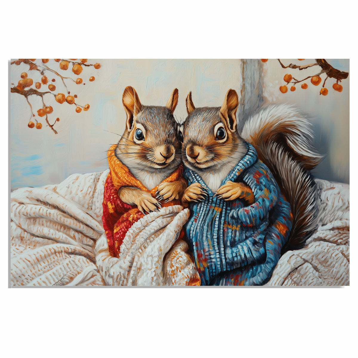 Heartwarming Painting of Two Squirrels in Colorful Knitted Sweaters Snuggled Together in Cozy Blankets Under Autumn Branches with Gentle Expressions on Ready to Hang 1.5" Thick Canvas Wrap, Floating Framed Canvas, Flat Rolled Canvas