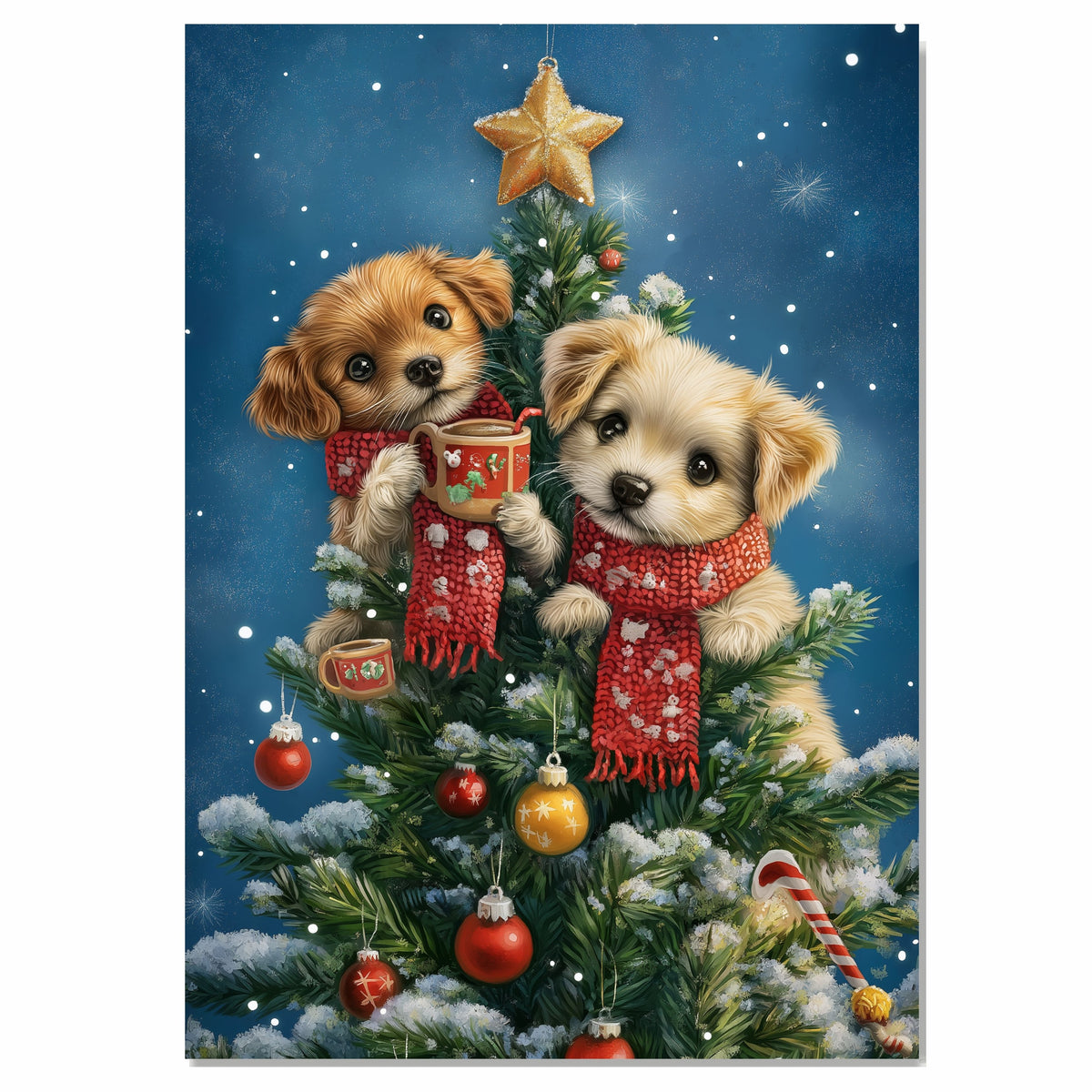 Two Baby Puppies in Red Scarves Sharing Cocoa on Christmas Tree Surrounded by Ornaments and Snowflakes Holiday Art Print for Nursery or Winter Decor on Ready to Hang 1.5" Thick Canvas Wrap, Floating Framed Canvas, Flat Rolled Canvas