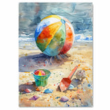 Watercolor Painting of Beach Ball Green Bucket Shells and Red Shovel on Colorful Sandy Shore by Ocean with Dramatic Sky on Ready to Hang 1.5" Thick Canvas Wrap, Floating Framed Canvas, Flat Rolled Canvas