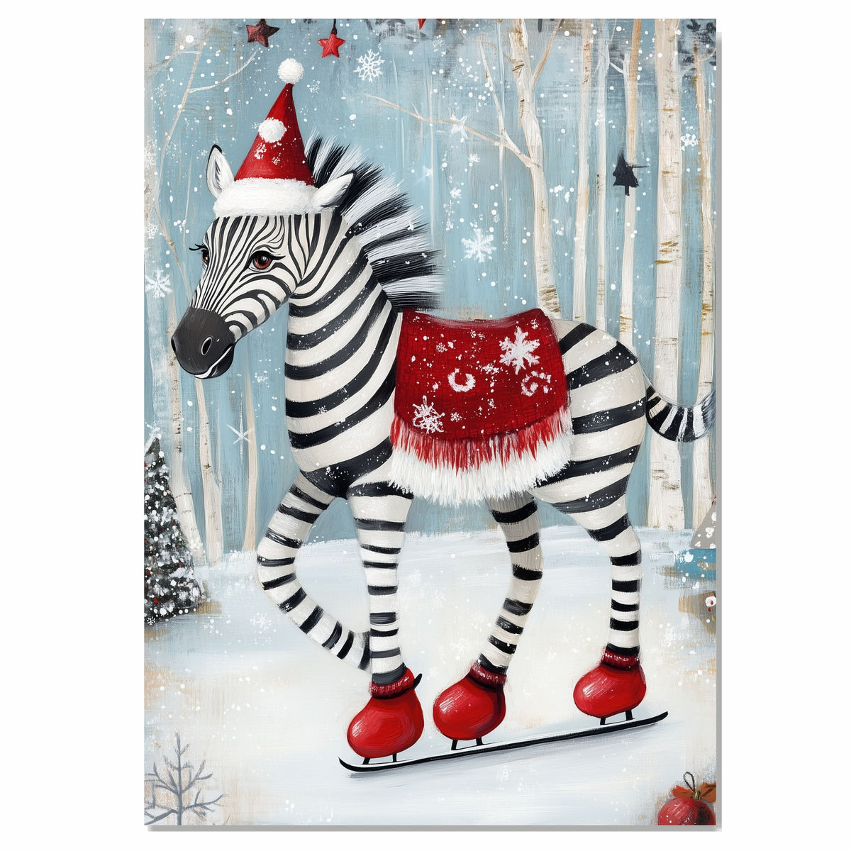 Whimsical Christmas Zebra Ice Skating Print – Cute Striped Animal in Santa Hat & Red Saddle Blanket, Festive Holiday Winter Wall Art, Nursery or Seasonal Decor on Ready to Hang 1.5" Thick Canvas Wrap, Floating Framed Canvas, Flat Rolled Canvas
