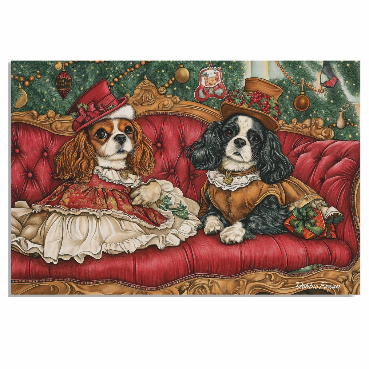 Royal Companions - Cavalier King Charles Spaniels Dressed in Elegant Victorian Attire on Cozy Couch on Ready to Hang 1.5" Thick Canvas Wrap, Floating Framed Canvas, Flat Rolled Canvas
