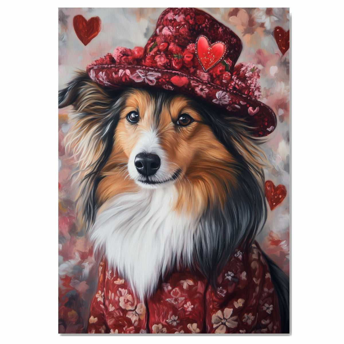 Refined Elegance: Shetland Sheepdog in a Striking Red Suit and Hat on Ready to Hang 1.5" Thick Canvas Wrap, Floating Framed Canvas, Flat Rolled Canvas