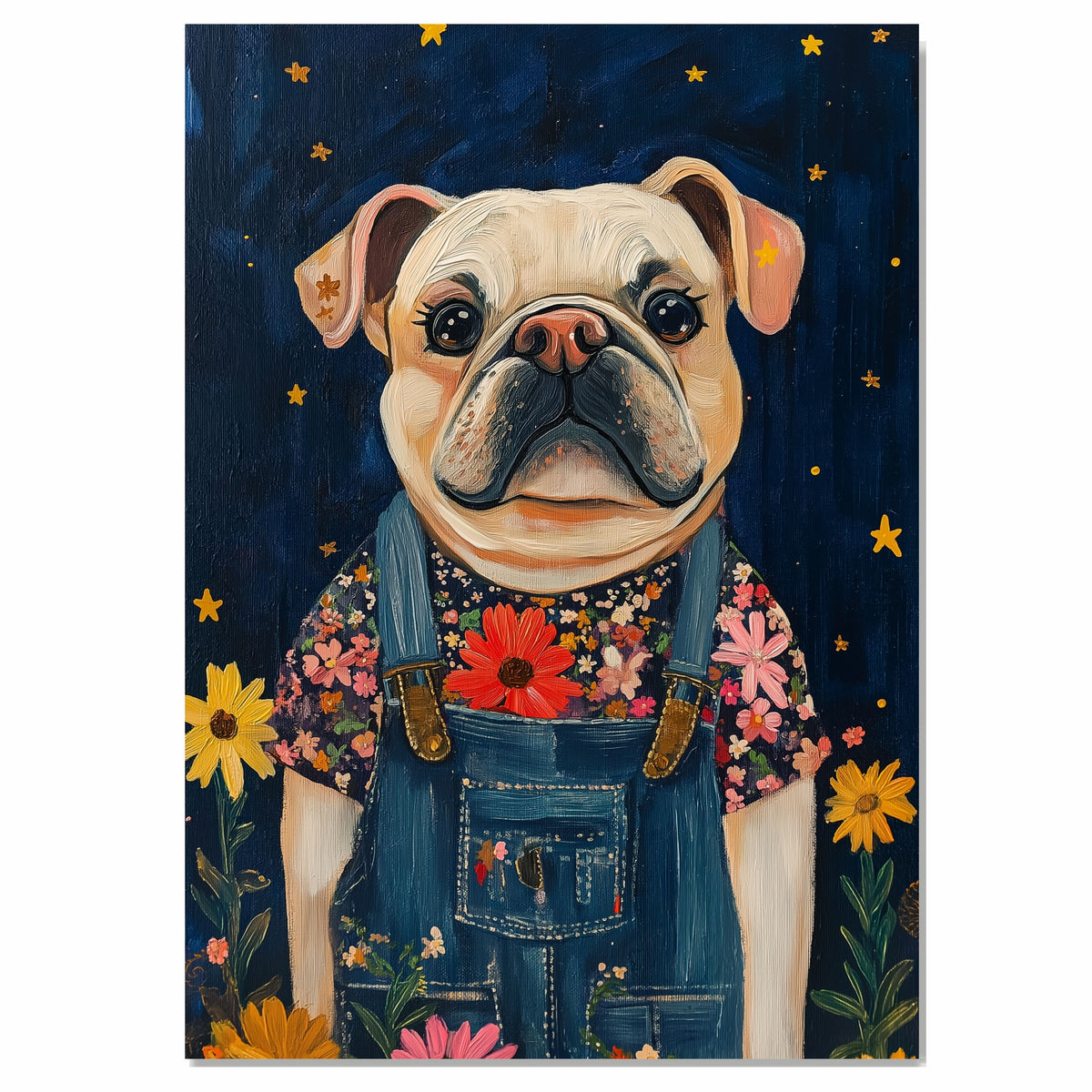 Adorable Bulldog Wall Art Dog in Floral Shirt and Overalls Farmhouse Nursery Decor Whimsical Dog Lover Gift Cottagecore Bedroom Accent Country Wall Art on Ready to Hang 1.5" Thick Canvas Wrap, Floating Framed Canvas, Flat Rolled Canvas