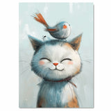 Happy Calico Cat with Orange-Tailed Bird on Head Adorable Animal Illustration for Kids Room or Nursery Whimsical Art Print for Cat and Bird Lovers on Ready to Hang 1.5" Thick Canvas Wrap, Floating Framed Canvas, Flat Rolled Canvas