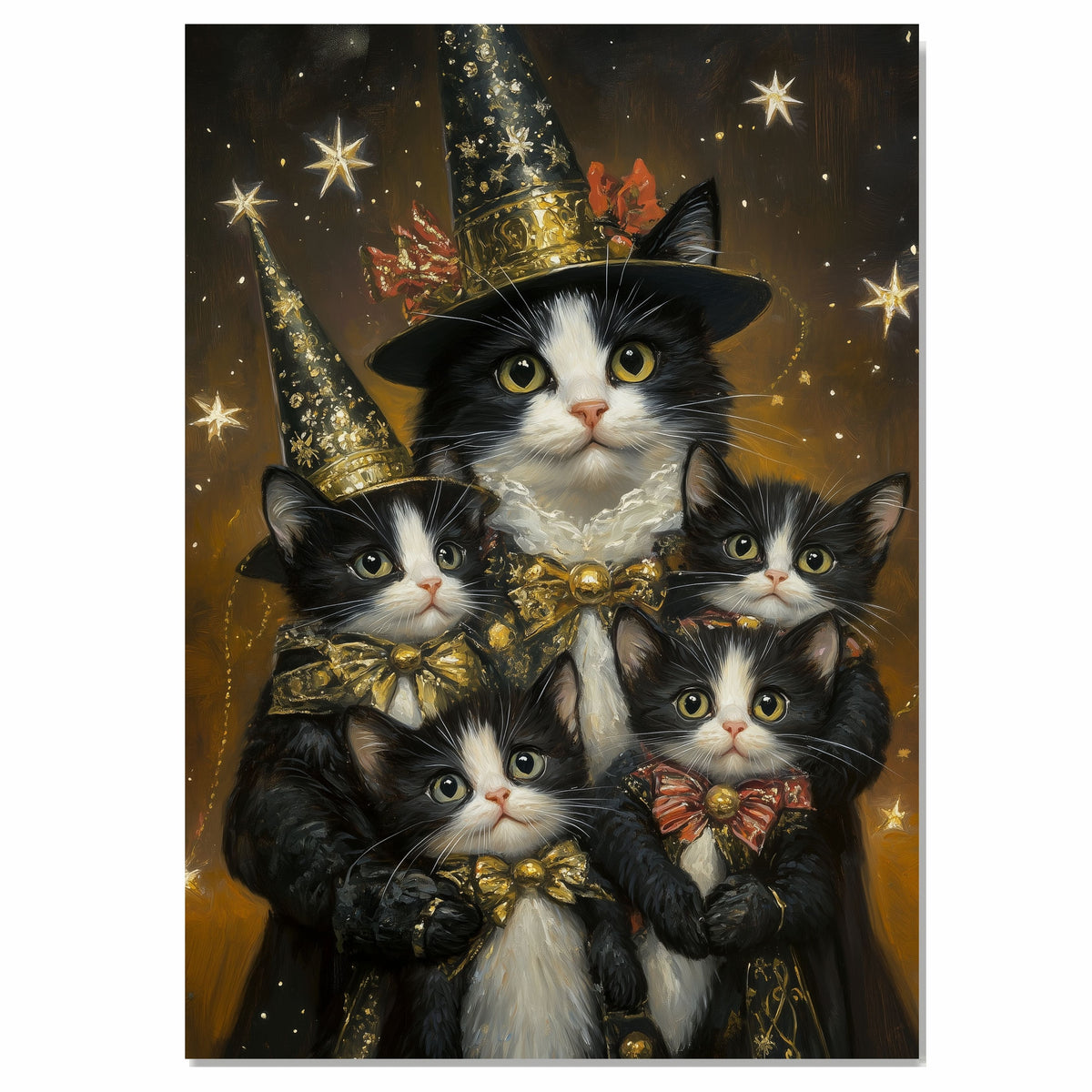 Enchanted Twilight: Tuxedo Cat Mom and Four Kittens in Wonderland on Ready to Hang 1.5" Thick Canvas Wrap, Floating Framed Canvas, Flat Rolled Canvas