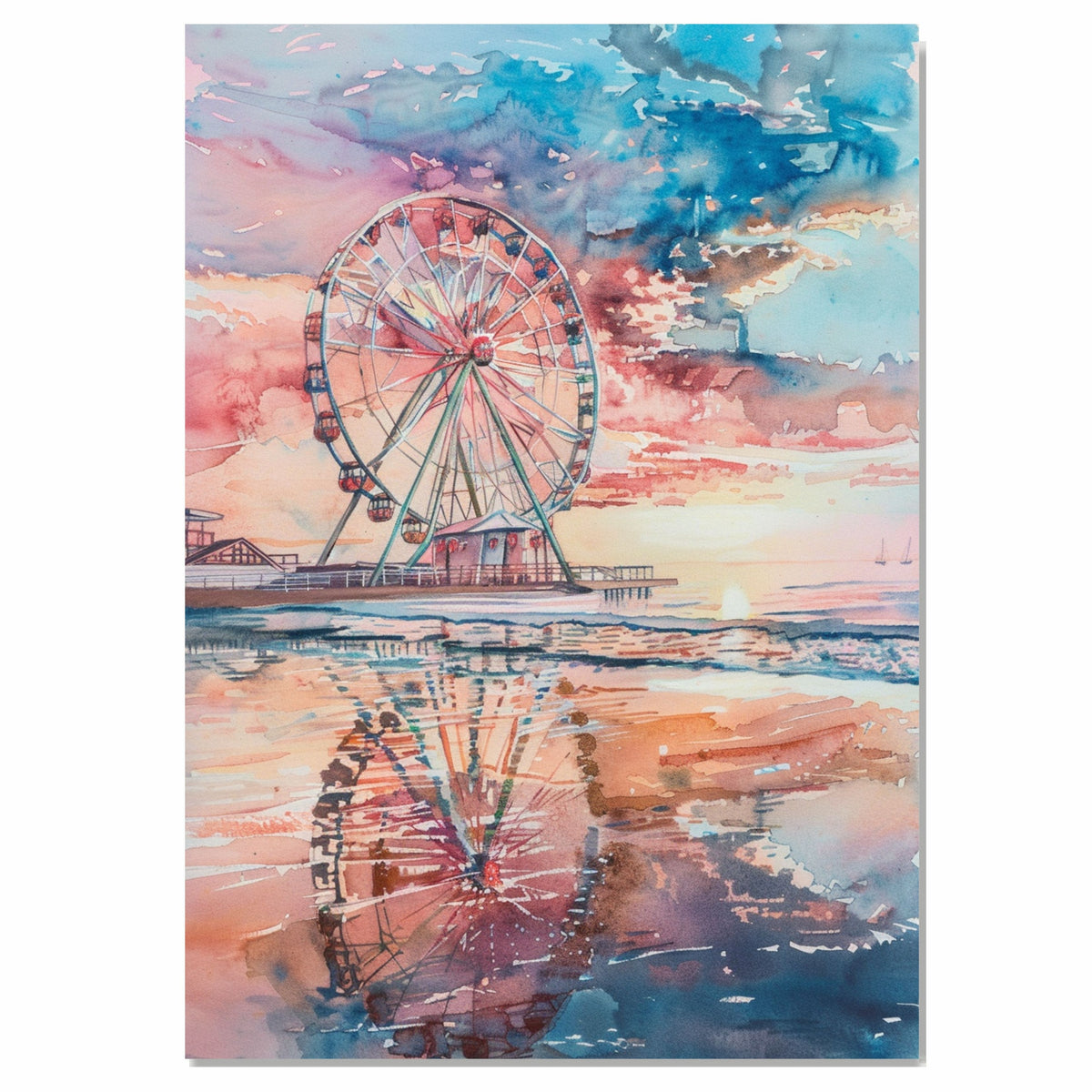 Watercolor Painting of a Ferris Wheel on a Beach Pier with Sunset Reflections in Ocean Water and Pastel Sky Tones on Ready to Hang 1.5" Thick Canvas Wrap, Floating Framed Canvas, Flat Rolled Canvas