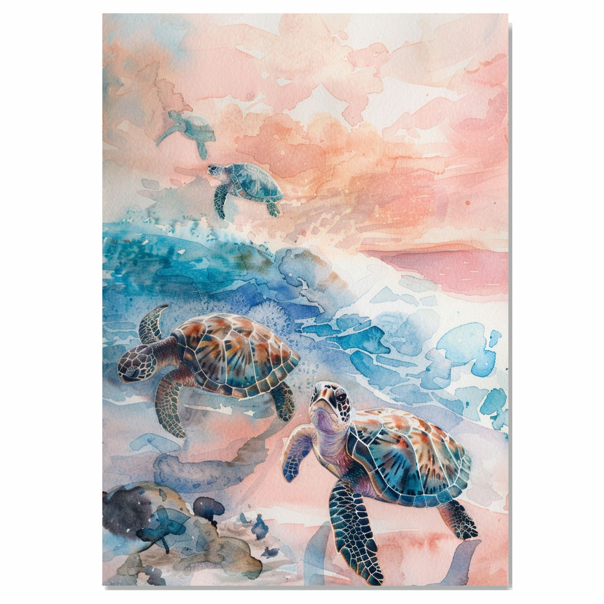 Sea Turtles Swimming in Dreamy Pastel Ocean Watercolor with Gentle Waves and Serene Sunset Background on Ready to Hang 1.5" Thick Canvas Wrap, Floating Framed Canvas, Flat Rolled Canvas