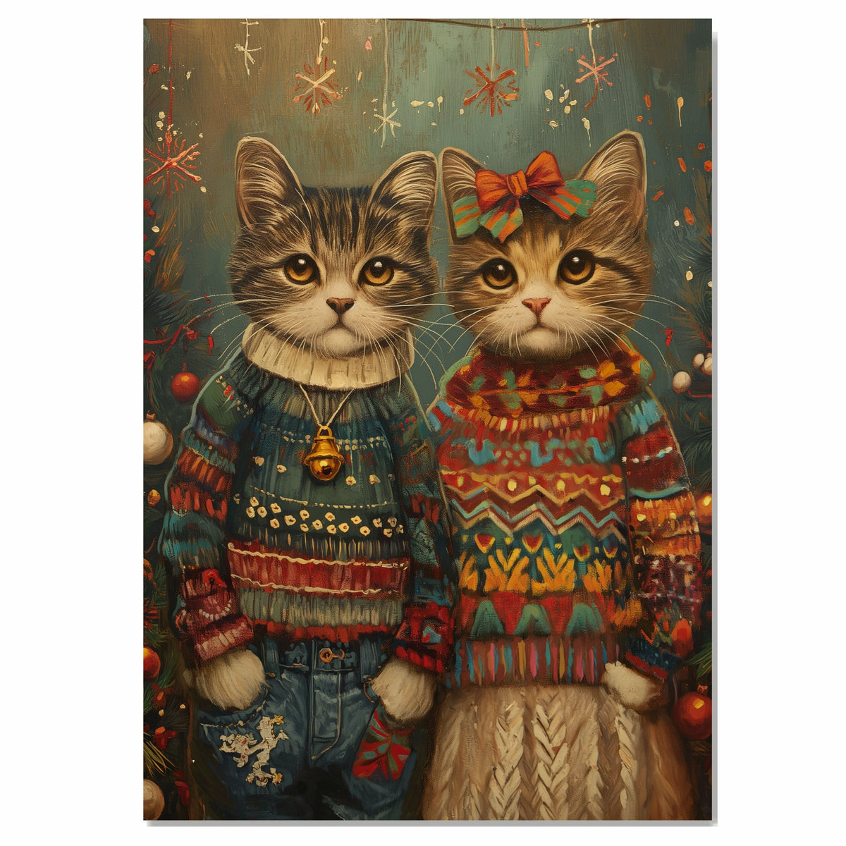 Christmas Kittens in Festive Sweaters Adorable Holiday Cat Painting Whimsical Winter Scene Perfect for Cozy Home Office Seasonal Decoration or Gift on Ready to Hang 1.5" Thick Canvas Wrap, Floating Framed Canvas, Flat Rolled Canvas