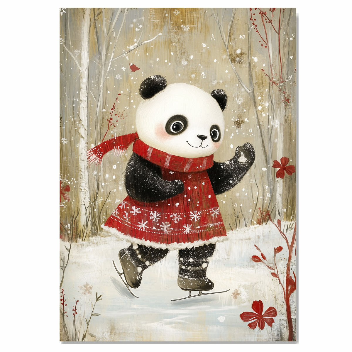 Whimsical Christmas Panda Bear Ice Skating in Red Snowflake Dress and Scarf – Cozy Holiday Animal Illustration for Nursery Decor, Gifting, and Seasonal Joy on Ready to Hang 1.5" Thick Canvas Wrap, Floating Framed Canvas, Flat Rolled Canvas