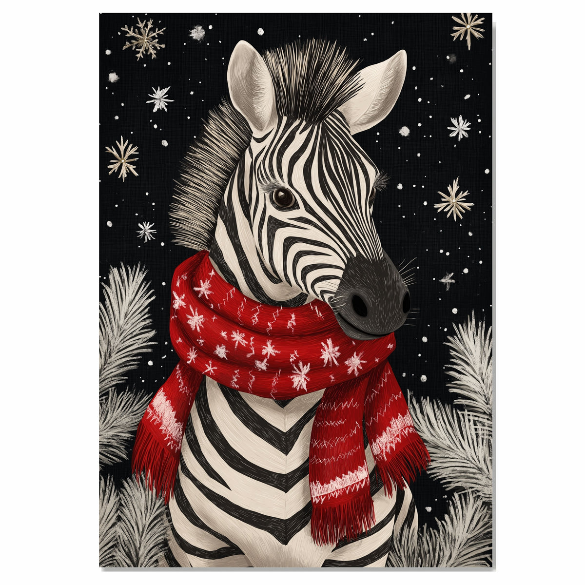 "Snowy Stripes Zebra" - Zebra in Red Scarf Standing in Winter Snow on Ready to Hang 1.5" Thick Canvas Wrap, Floating Framed Canvas, Flat Rolled Canvas