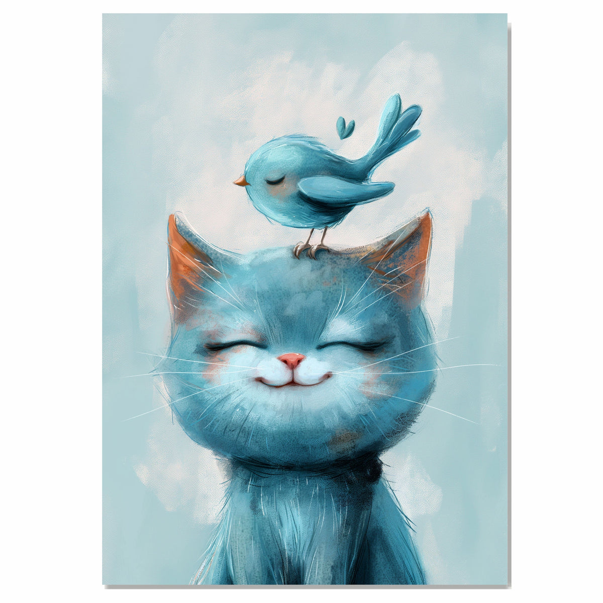 Smiling Blue Cat with Sweet Bird on Head Joyful Animal Art for Nursery Kids Room and Pet Lovers Heartwarming Gift for Cat and Bird Enthusiasts on Ready to Hang 1.5" Thick Canvas Wrap, Floating Framed Canvas, Flat Rolled Canvas