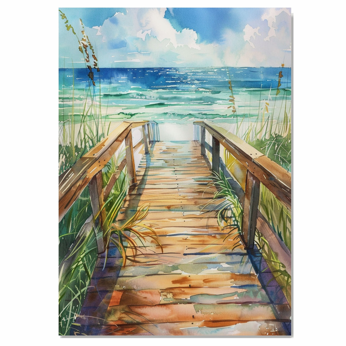 Sunlit Coastal Boardwalk Watercolor Painting – Beach Walkway to Turquoise Ocean with Seagrass on Ready to Hang 1.5" Thick Canvas Wrap, Floating Framed Canvas, Flat Rolled Canvas