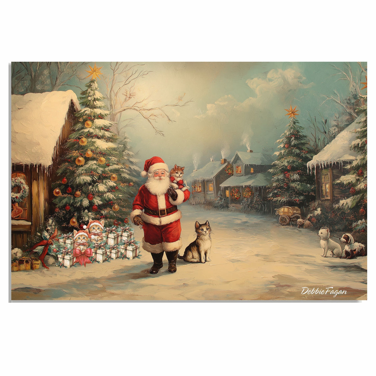 ÒPaws and Claws Christmas VillageÓ - Santa Surrounded by Furry Friends in a Festive Pet-Friendly Wonderland on Ready to Hang 1.5" Thick Canvas Wrap, Floating Framed Canvas, Flat Rolled Canvas