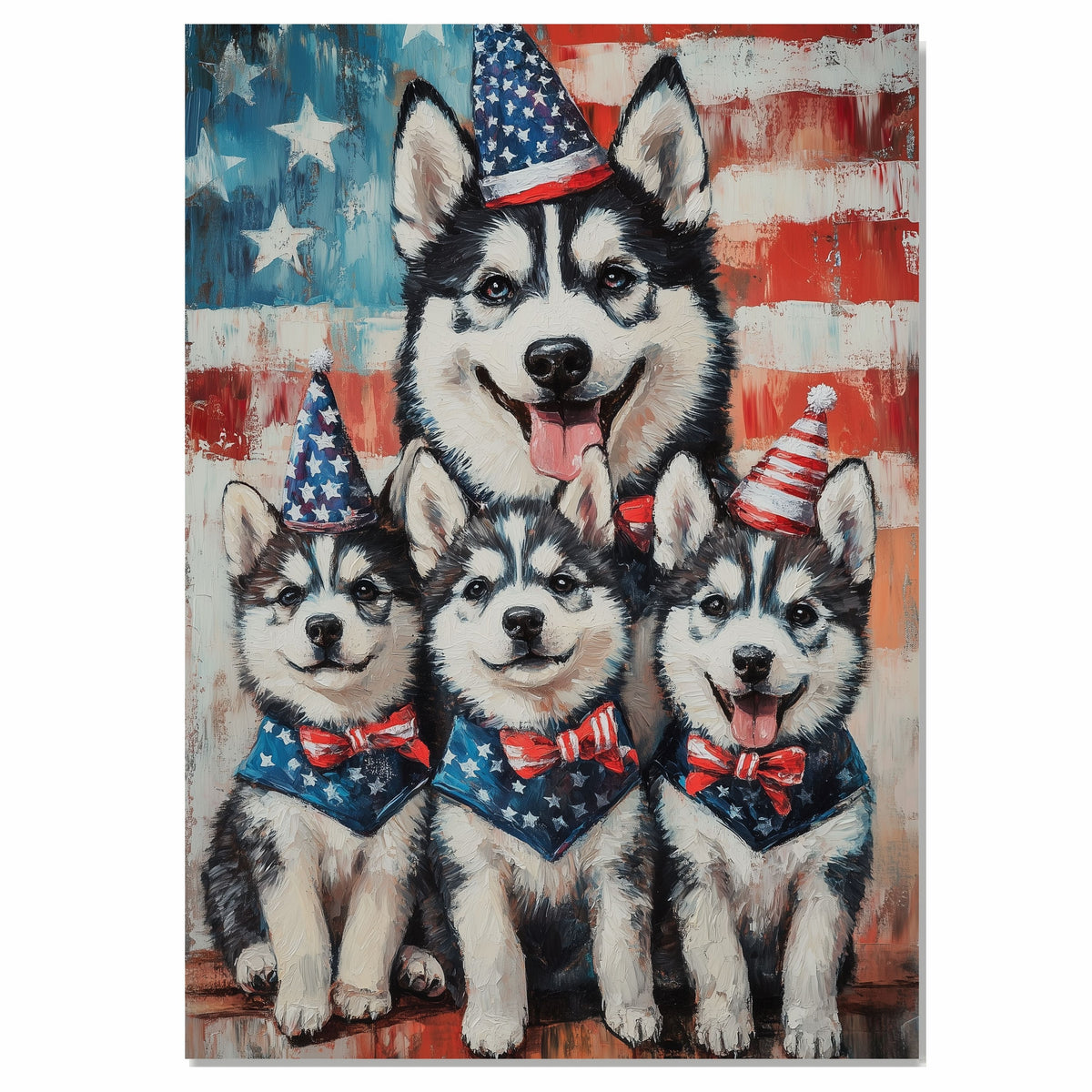 Stars & Stripes Siberian Style: Husky Mom with Cute 4th of July Puppies on Ready to Hang 1.5" Canvas Wrap, Floating Frame, or Rolled Canvas Print