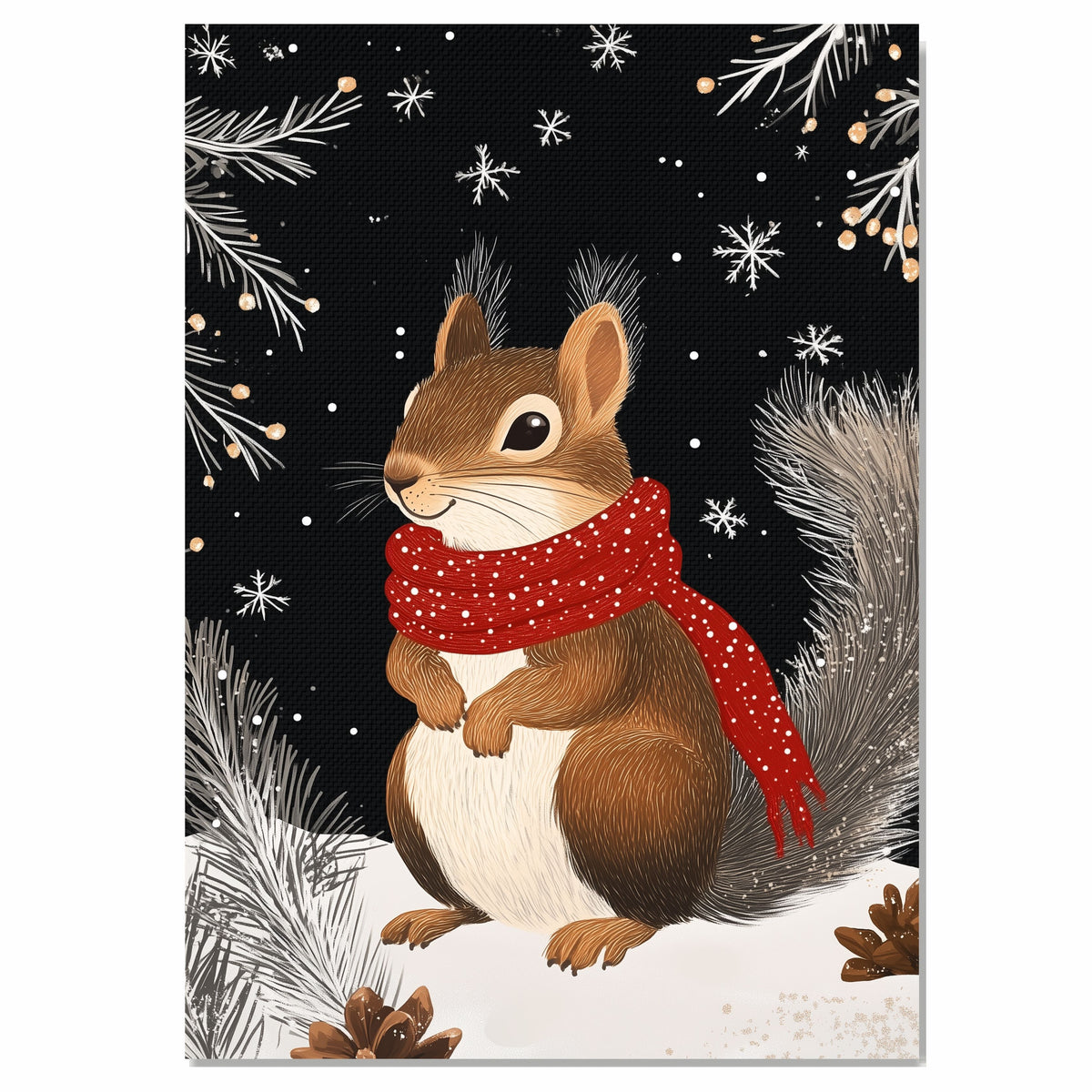 "Frosty Friend Squirrel" - Squirrel in Red Scarf Nestled in Snowy Scene on Ready to Hang 1.5" Thick Canvas Wrap, Floating Framed Canvas, Flat Rolled Canvas